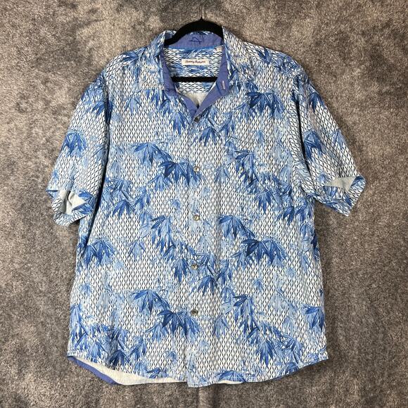 Tommy Bahama Shirt Mens Large Blue Palm Tree Geometric Print Silk Lightweight - Picture 1 of 8